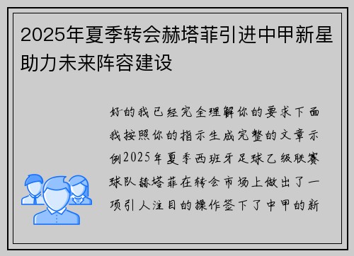 2025年夏季转会赫塔菲引进中甲新星助力未来阵容建设 2025年夏季转会赫塔菲引进中甲新星助力未来阵容建设